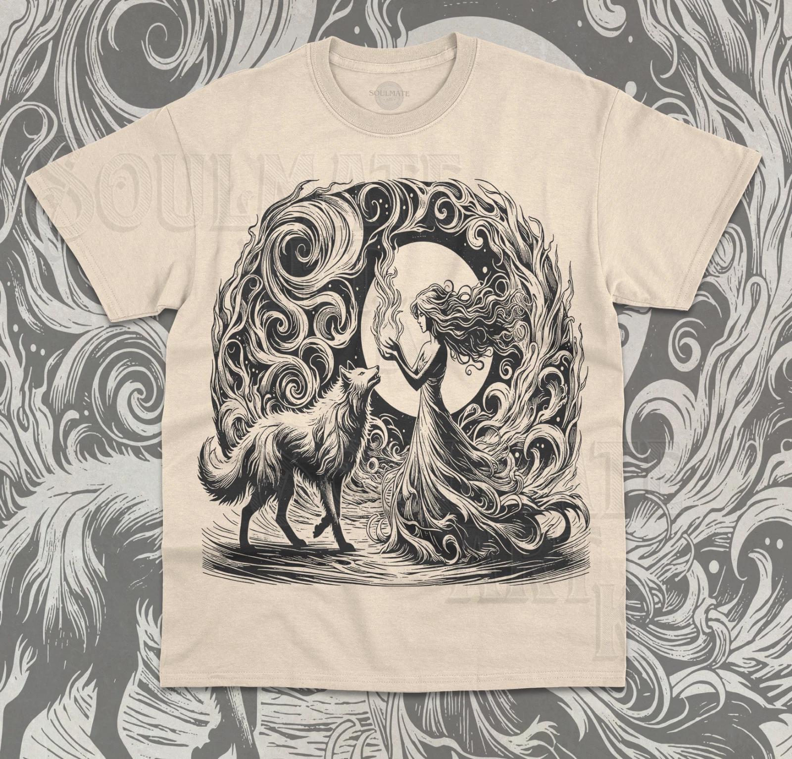 Vintage 90s Witch T- Shirt Spiritual Indian Wolf Graphic Unisex Cotton Shirt 4XL