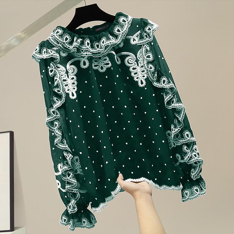 

ZANZEA Женские винтажные блузки с длинными рукавами и оборками в горошек S зелёный