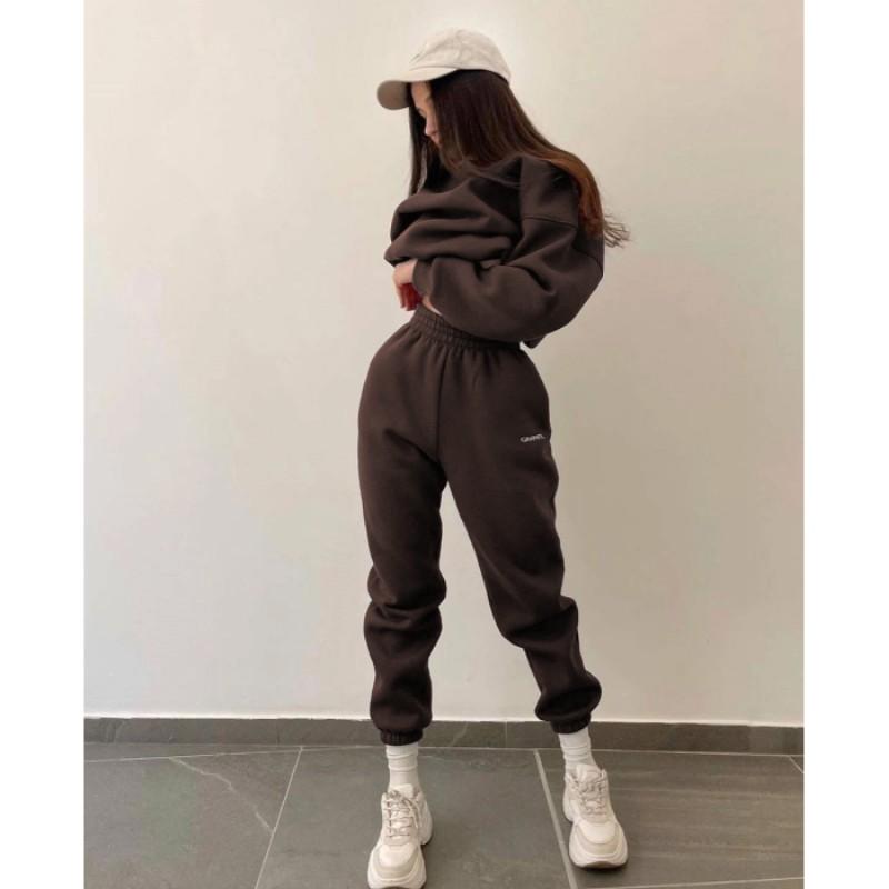 Damen Herbst Besticktes Slim-Fit Sportset Langärmliger Pullover Sweatshirt + Sweatpants Zweiteiliges Set