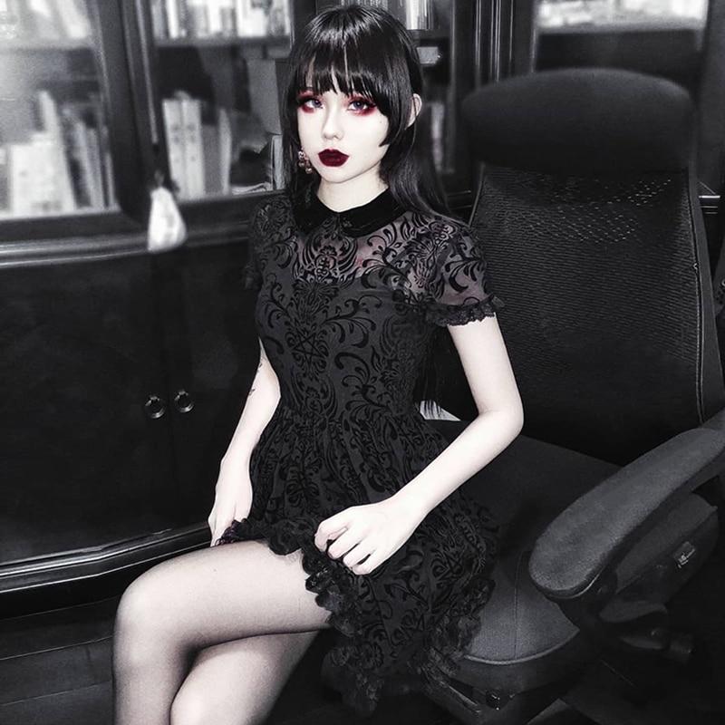 Buy InsGoth Vintage Lace Gothic Dress Women Party Sexy Hollow Out Black  Mini Short Sleeve Dresses Harajuku Casual Female Mesh Dress at affordable  prices  free shipping, real reviews with photos  Joom