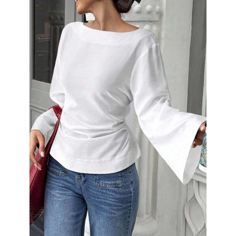 TIFICY Women's Fashion Casual Spring Autumn Solid Color Print Long Sleeve One shoulder Blouses & Shirts