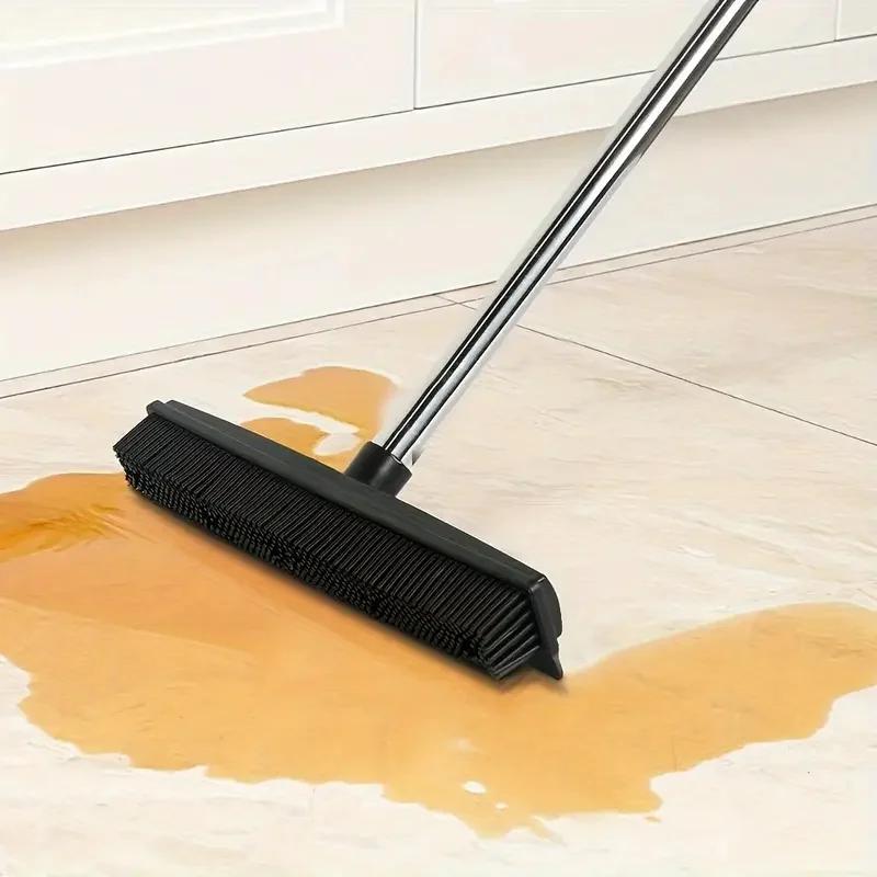 2Pcs Rubber Broom Carpet Rake with Squeegee Long Handle for Pet Hair Fur Remover Broom for Fluff Carpet Hardwood Floor