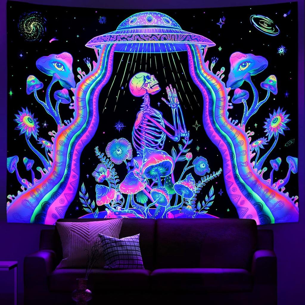 Galoker Blacklight Skeleton Tapestry Fantasy Plant Floral Tapestries UV Reactive Alien UFO Tapestry Galaxy Space Tapestries Wall Hanging for Home