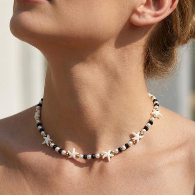 Imitation Pearl Starfish Crystal Beaded Choker Necklace Women Fashion Trend Gift Daily Accessory