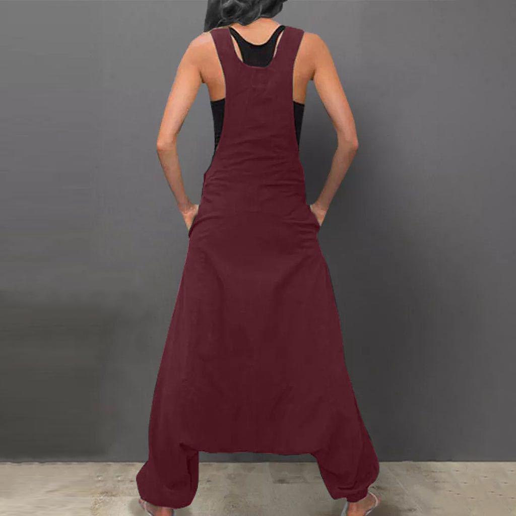 Women Loose Solid Tank Jumpsuit Long Suspender Overalls Bib Pants Pocket Sleeveless Wide Leg Pants S-5XL