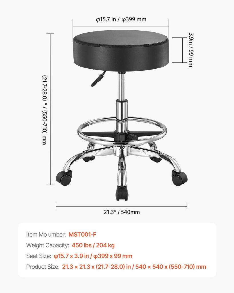 Round Rolling Stool Swivel Stool with Wheels & Footrest Height Adjustable