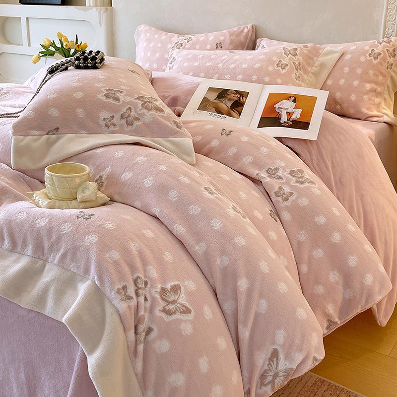 Thickened Milk Fleece Four-Piece Korean Carved Coral Fleece Double-Sided Flannel Quilt Cover Bed Sheet Bedding