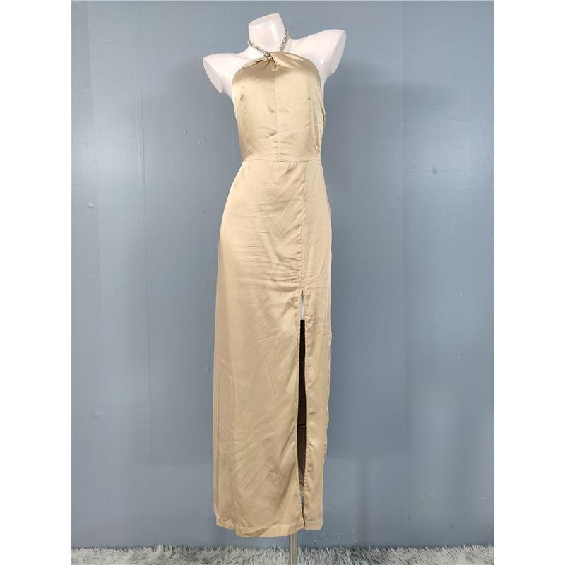 Export Single High Chain Halter Slit Hemline Style Satin Hip-Wrapped Figure-Flattering Annual Party Party Dress Dress