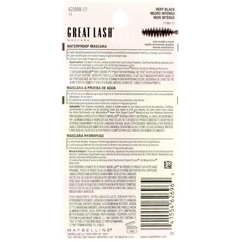 Maybelline Great Lash Waterproof Mascara Very Black 0.43 oz Pack of 6