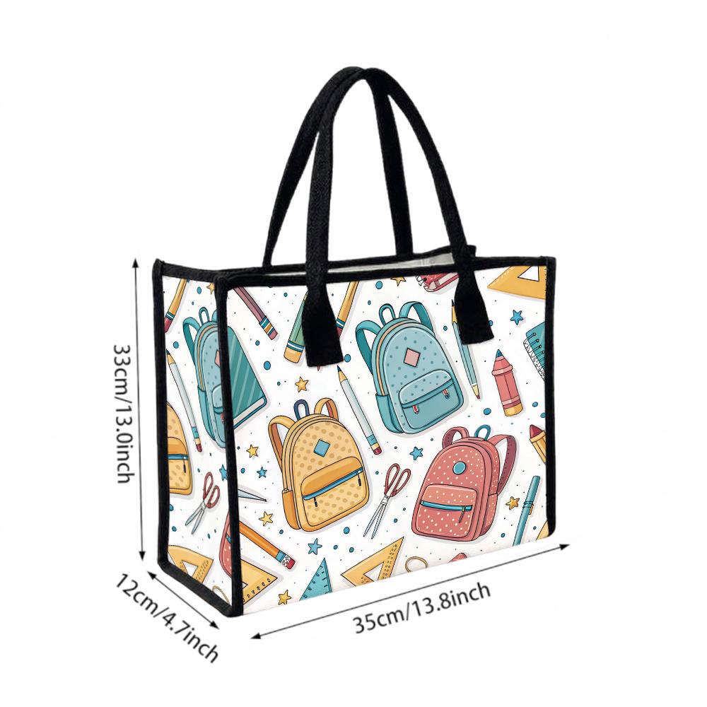 Cute School Pattern Tote Bag Casual Daily Use Handbag Lightweight Portable Shopping Shoulder Bag for Students Teachers