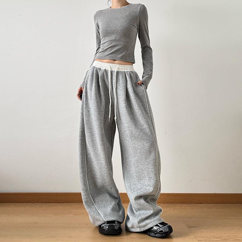 

Drawstring sports casual pants women s autumn new splicing thin wide-leg pants straight versatile loose floor pants S серый