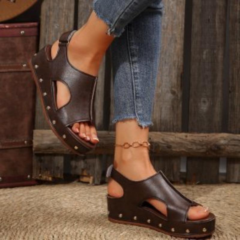 New Women's Shoes Muffin Thick-soled Wedge Sandals Women's Velcro Rivets Flat-bottomed Fish Mouth Sandals