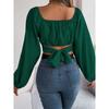 QICED Spring Summer Casual Lantern-sleeved, Lace-up, Waist-cinching Chiffon Blouse, Crop Top for Women