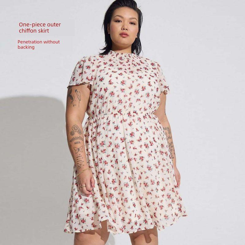

Plus Size Women s Clothing Age-Reducing Gentle Floral Fairy Dress Fat Sister mm Summer Dress Waist-Tight A- line Slimming Chiffon Dress Defective 3 pieces