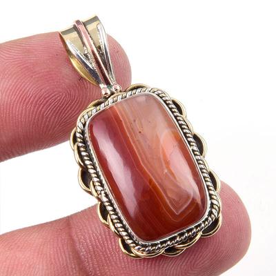 Natural Carnelian Gemstone 925 Solid Sterling Silver Two Tone Pendant 1.50" D6b51