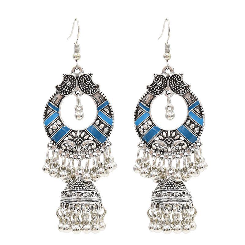 Boho beaded earrings Antique round silver blue long earrings Dangle earrings. Vintage Indian style jhumki jhumka earrings