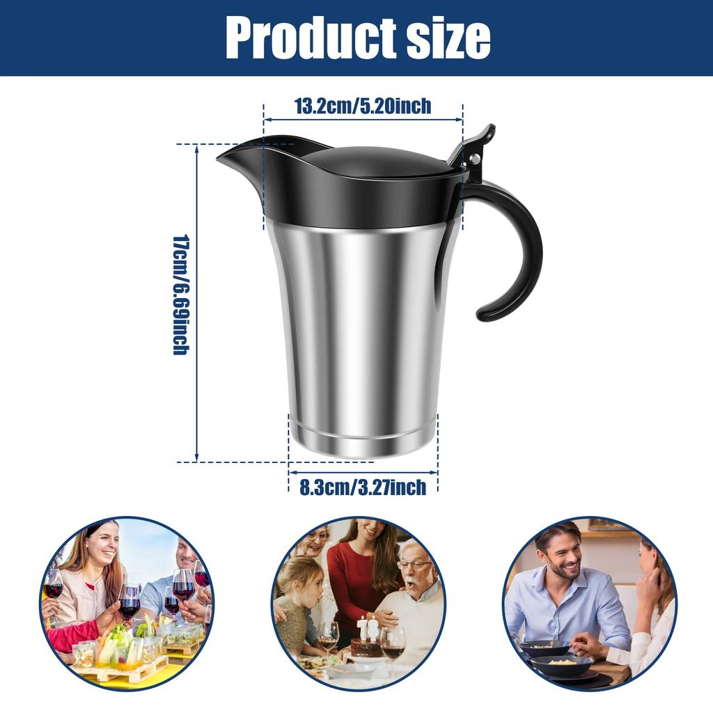 Double Wall Insulated Gravy Boat, 750ml Stainless Steel Sauce Jug with Hinged Lid & Anti-Drip Spout, for Holiday Dinner Serving