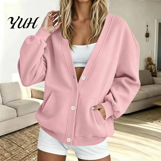 Fall Winter Top Women Button Front V-Neck Cardigan, Solid Color Oversized Sweatshirt with V Neck Cardigan Dual Pockets, Long Sleeve Casual Jacket for