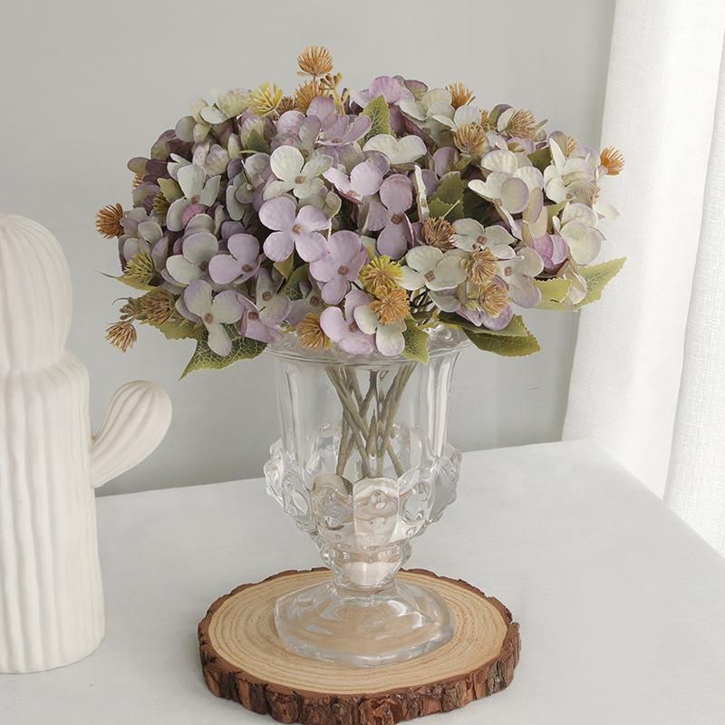 12pcs Artificial 5-Fork Hydrangea Branch Silk Fake Flowers Restaurant Decoration Champagne Monica Hydrangeas Simulation Flowes