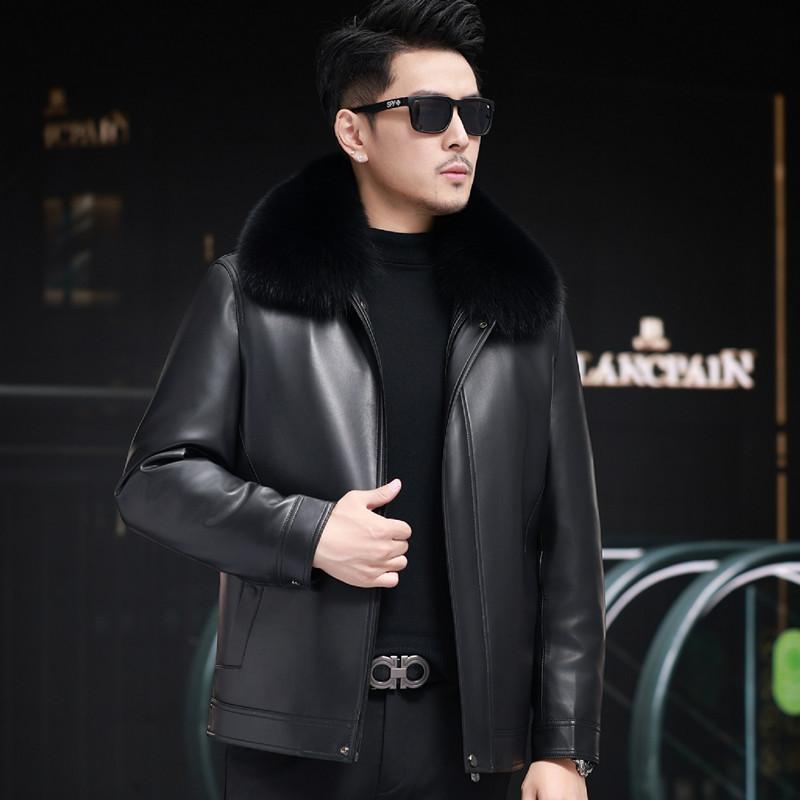 

Middle-aged and elderly men s genuine leather casual plus velvet thickened short jacket lapel middle-aged down jacket winter 4XL