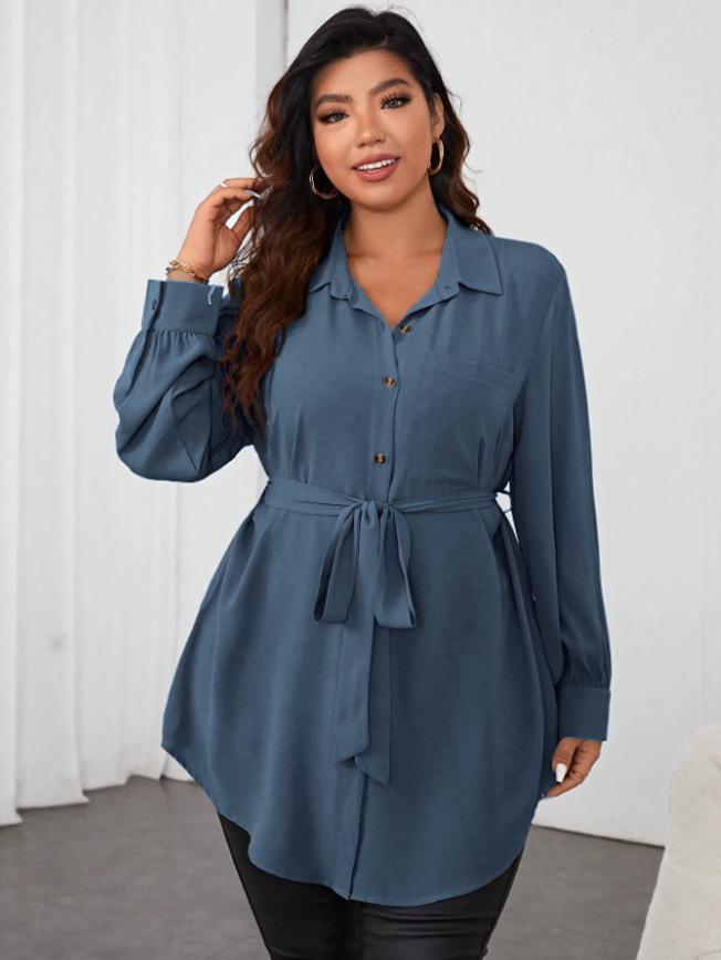 European-American Elegant Long-Sleeve Lapel Button Tie Women s Mid-Length Shirt 3XL серо голубой