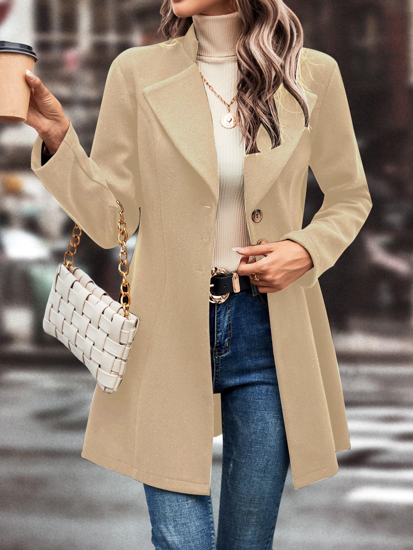 

European and American Women s Solid Color Lapel Wool Coat - Autumn/Winter Fashion S абрикосовый