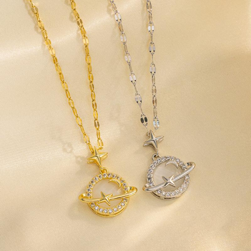 

Titanium Steel Cat s Eye Stone Planet Necklace - Light Luxury Clavicle Chain for Women