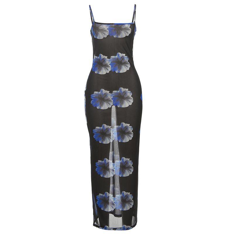 

# Sisjuly# Sunset Island Sexy Temperament Blue Flower Printing and Dyeing Light Transparent Sense Silm Sling Dress Women Black S