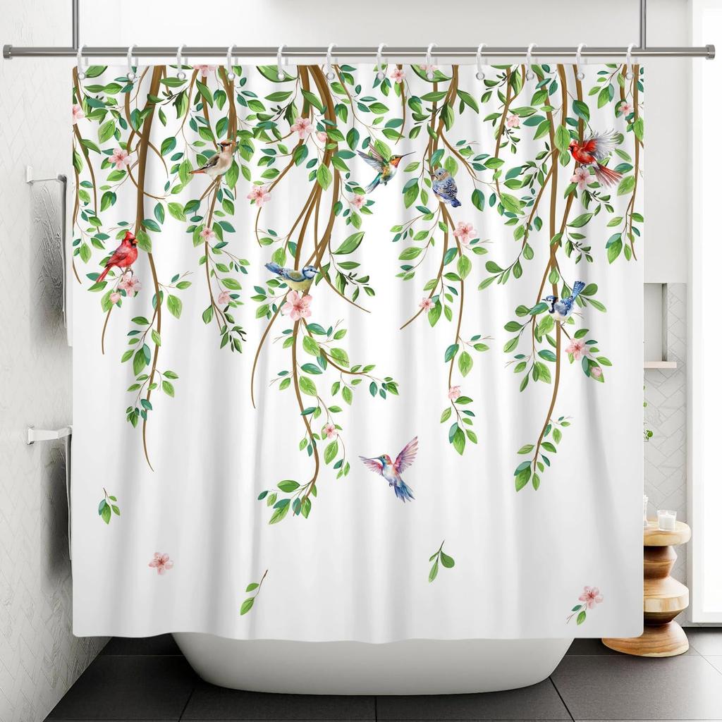 Spring Shower Curtain Green Leaves Birds Shower Curtains Vine Branch Hummingbird Cardinal Shower Curtain Sets For Bathroom