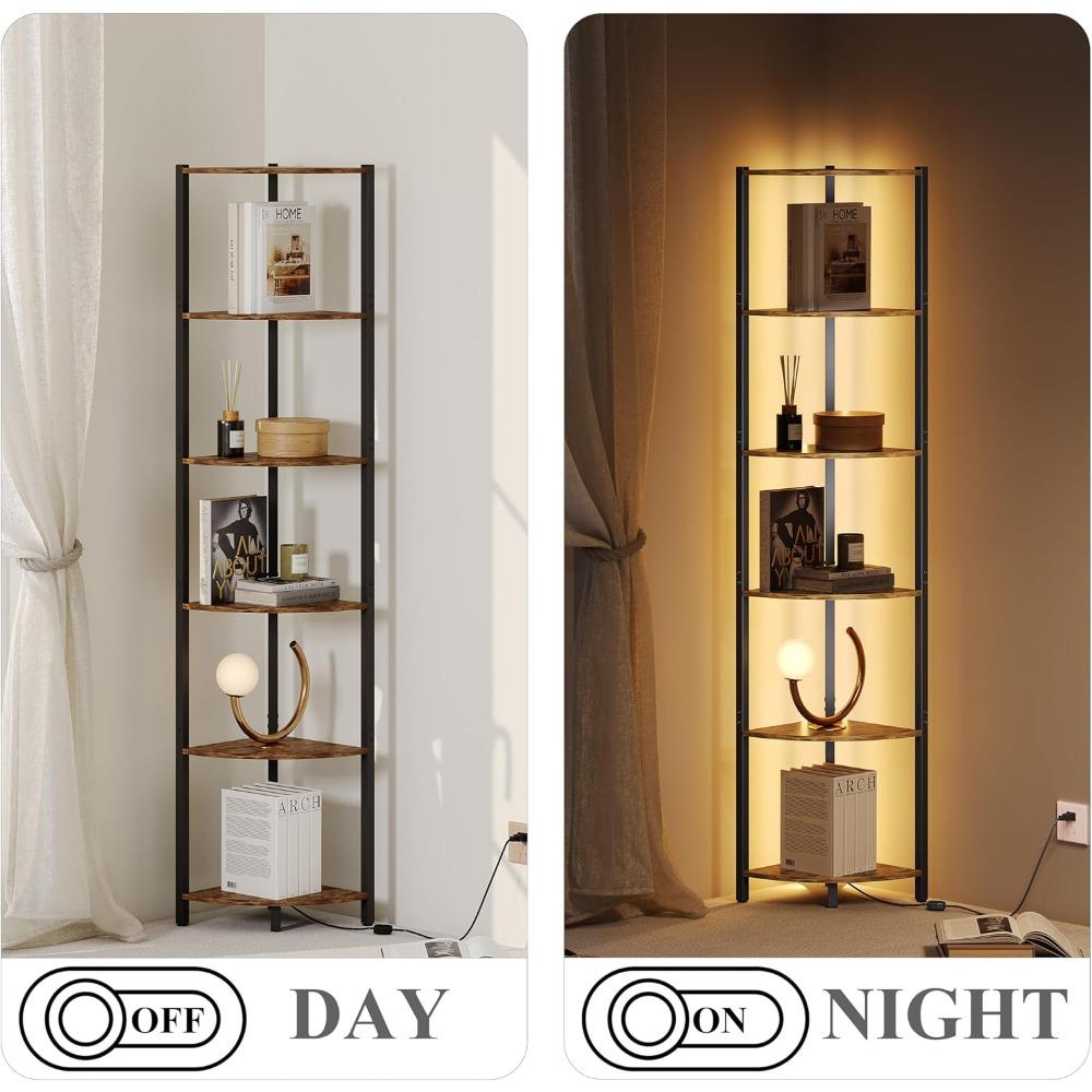 6 Tier Corner Shelf with Light, 65.3" Tall LED Corner Shelves, Corner Shelves Standing with Metal Frame, Corner Bookshelf