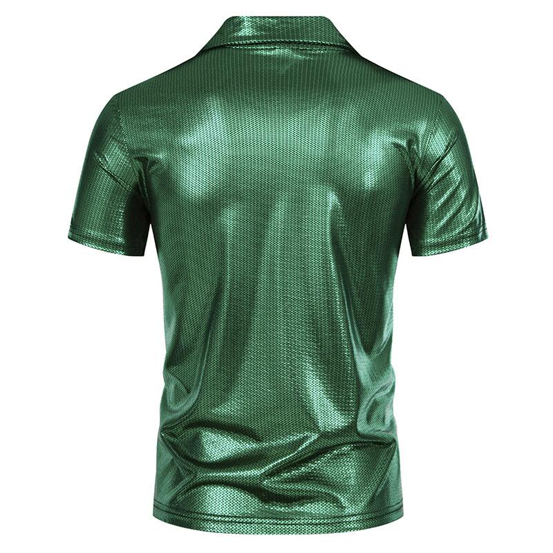 Summer Men's Short Sleeve Polo Shirt Shiny Metallic Streetwear Lapel T-shirts Men Gold Stage Costume Disco Party NightClub Tops