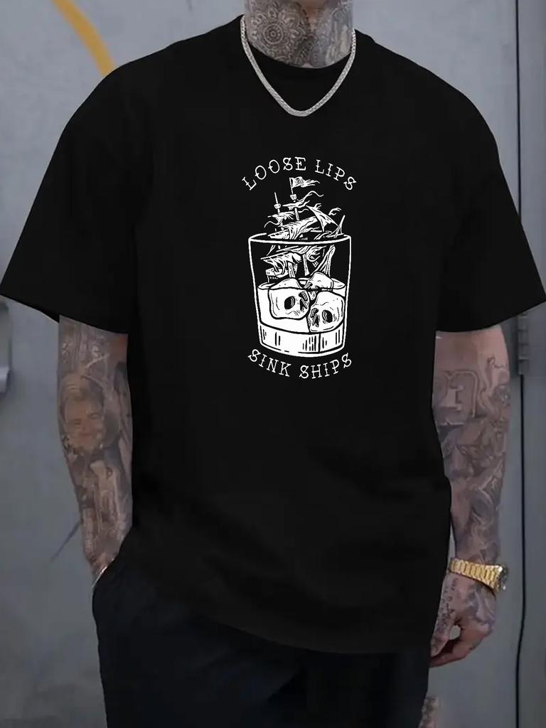 Unisex Black Tee Vintage Skull Cup Art Quote Slogan Graphic Print Crew Neck Short Sleeve Summer Casual Male Cotton Street Daily Top