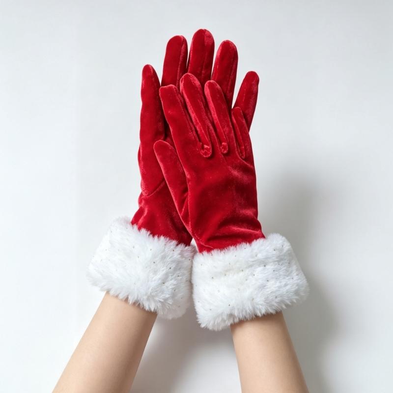 Christmas Costume Gloves for Adult, Red Gloves with Furry Plush Cuffs, Decorative Handwear for Holiday Festival Event Photography