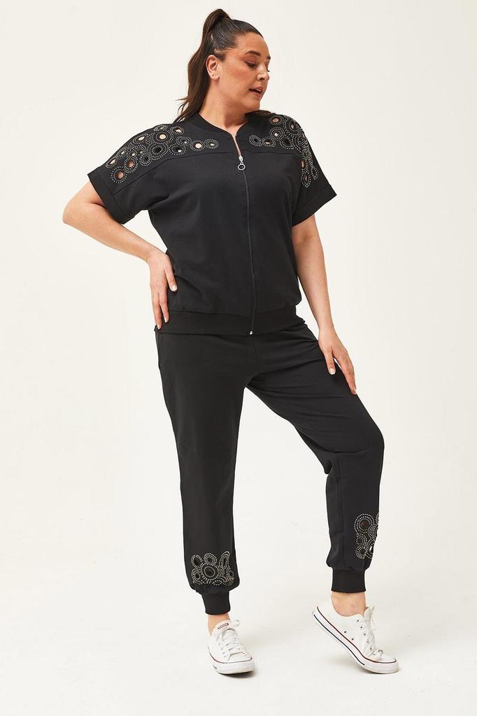 Women's Fashion Big Size Tracksuit Set Large Size Transparent Cut Stone Printed Summer Short Sleeve Green Tracksuit Set