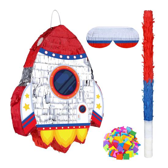 Pull String Rocket Ship Pinata Rocket Pinatas with Blindfold Bat Stick Confetti for Kids Space Themed Birthday Party Supplies