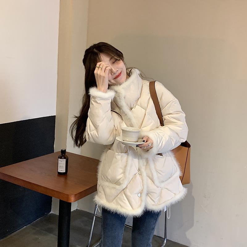 New Sieve Stand-up Collar Diamond-grid Cotton Jacket for Women's Stand-up Collar Cotton Jacket for Warm Winter