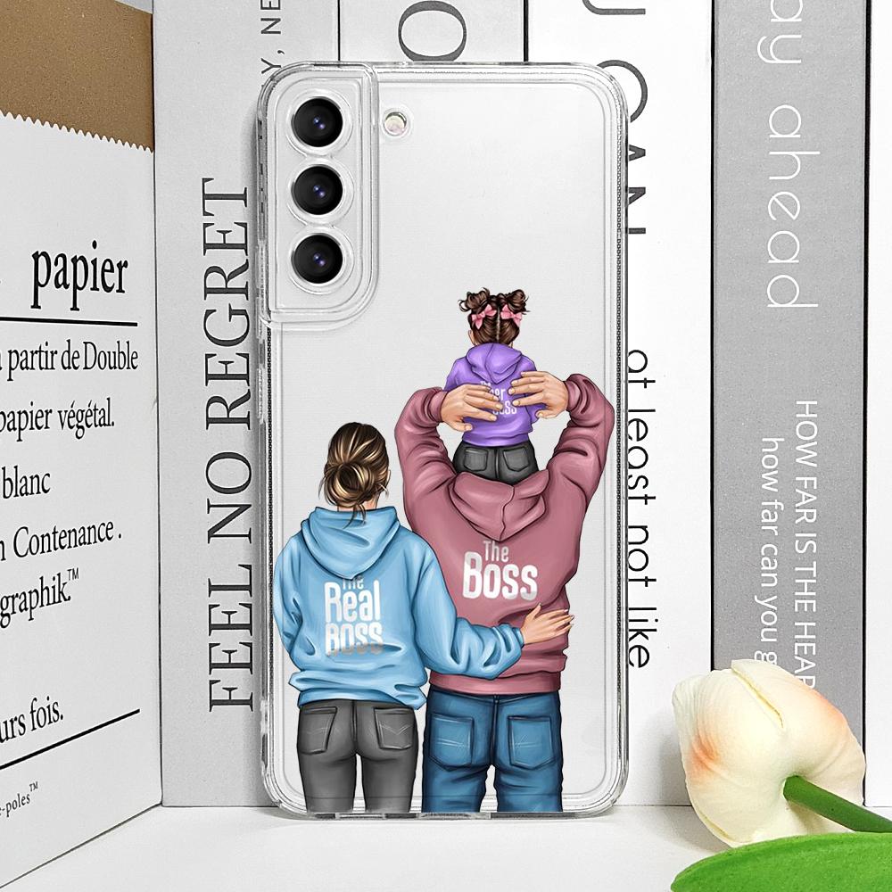 Super Mom Dad Baby Family Phone Case for Samsung Galaxy S25 S24 S23 S22 S21 S20 Plus Ultra FE A55 A54 Clear Soft Covers Boy Girl
