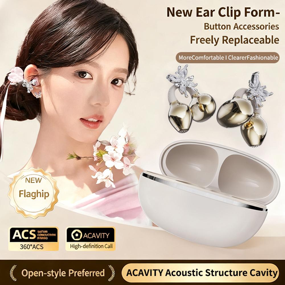 Sports Bluetooth 5.4 Headphones Wireless Ear-clip Earbuds Intelligent Noise Cancellation Earphones Butterfly Diamond Buckle Decor