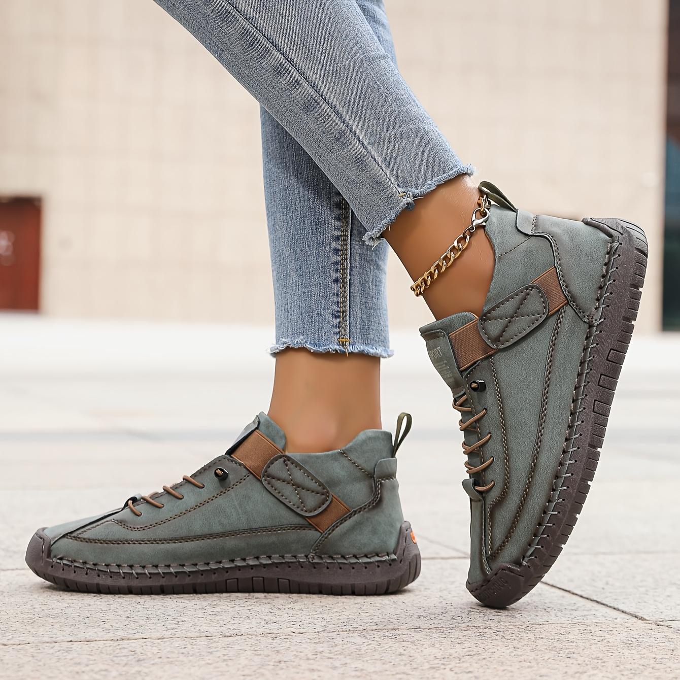 

Женские всесезонные винтажные рабочие туфли в британском стиле - Ручной работы, слипоны, нескользящая резиновая подошва, дышащие повседневные кроссовки с деталью ремешка на щиколотке 41 оливковое зеленый