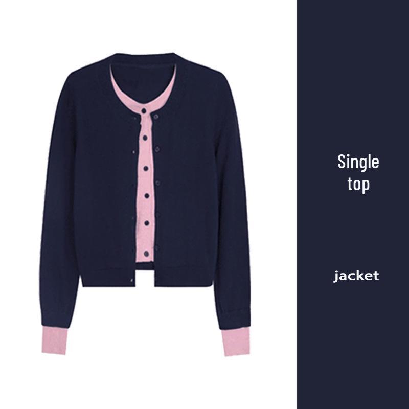 

Korean High-End Color Block Faux Two-Piece Knit Sweater Women s Autumn 2025 Fashion Loose Slimming Cardigan One Size 80-140 kg