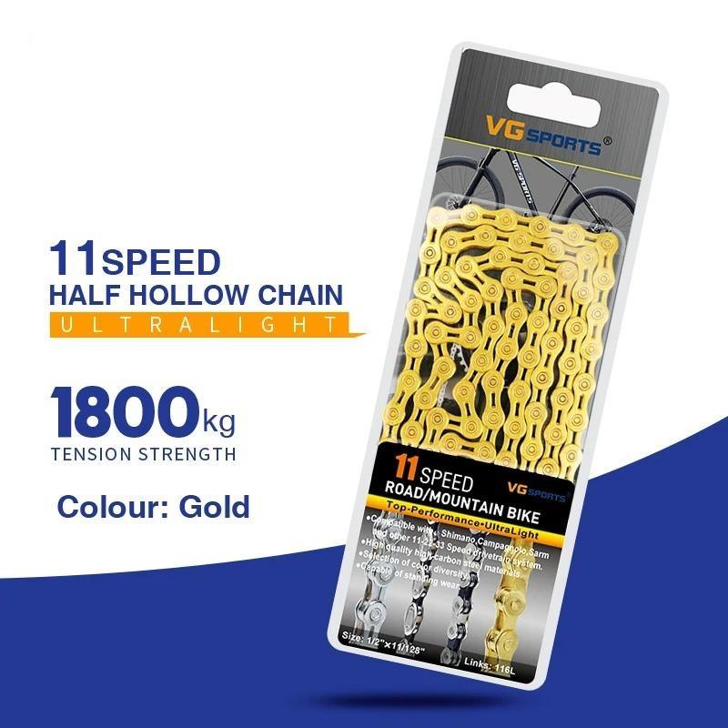 Ultraleichte 9 10 11-Gang-Fahrradkette, halbvoll hohl, 116L, Silber/Gold, Mountain MTB Rennradketten