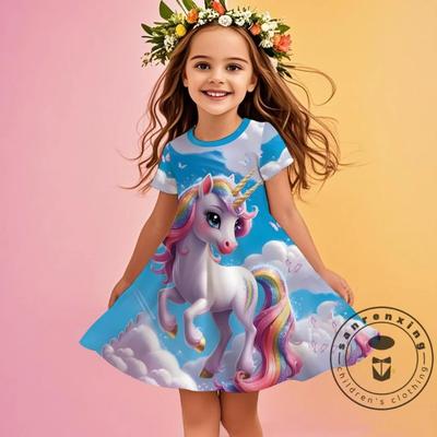 3D-gedrucktes Einhorn-Kurzarmkleid Niedliche Mädchenbekleidung Kinder-Partykleidung Tägliches Prinzessinnenkleid Hautfreundlich Atmungsaktiv