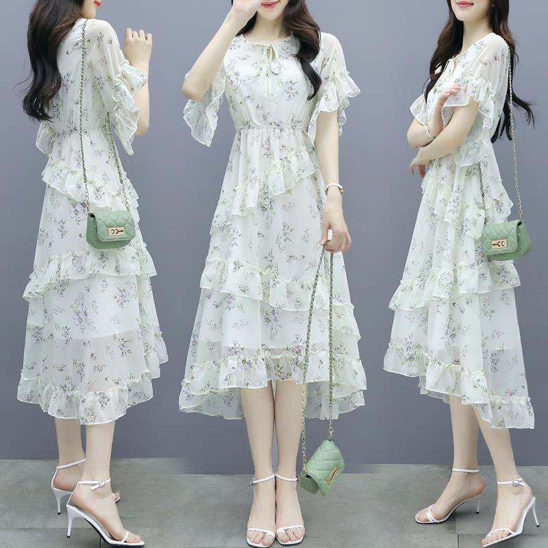 

Elegant Floral Chiffon Dress Summer Slim Waist Tiered Skirt Fresh Style Fashion XXL зелений