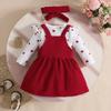 Autumn/Winter Heart Print Baby Bodysuit & Corduroy Overalls Set with Headband