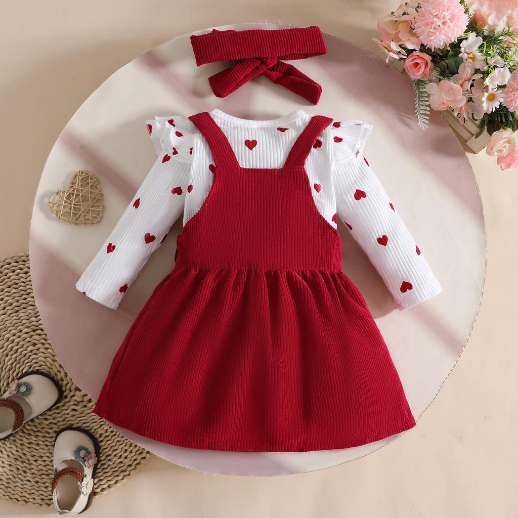Autumn/Winter Heart Print Baby Bodysuit & Corduroy Overalls Set with Headband