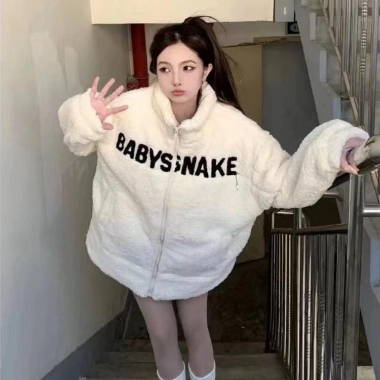 Korejská móda Letter Výšivka Lamb Fleece Coat Mikina Dámské Top Vintage Streetwear mikina na zip Oversized Dámská