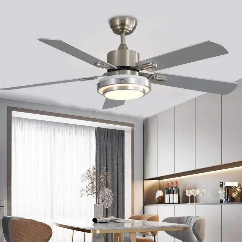 Modern Minimalist Stainless Steel Ceiling Fan Light Living Room Household Integrated Fan Light Remote Dimming Energy-saving