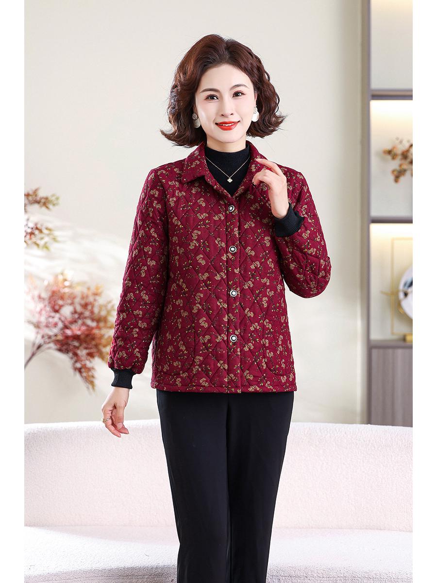 

Mom s Chic Cotton Floral Shirt Jacket - Autumn/Winter Casual Style for Middle-Aged Women XL (Approx. 42.5-52.5 kg) червоний