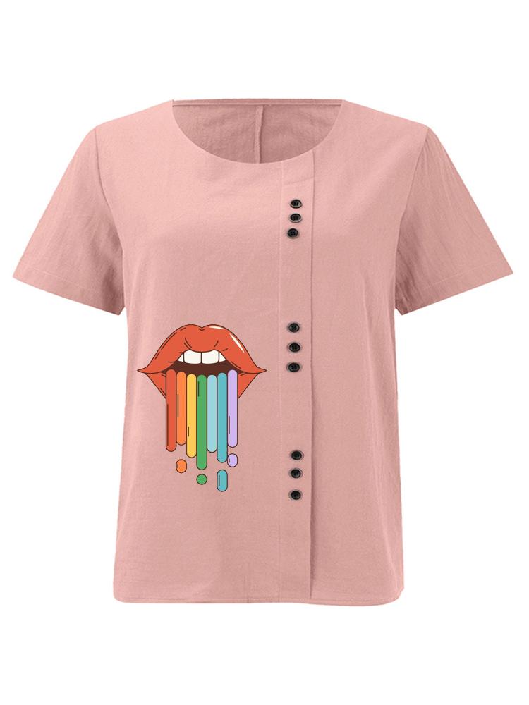 Women s Fashion Lips Rainbow Print Round Neck Short Sleeve T-shirt Summer Casual Cotton Linen Graphic Shirt Leisure Loose Blouse Tops S