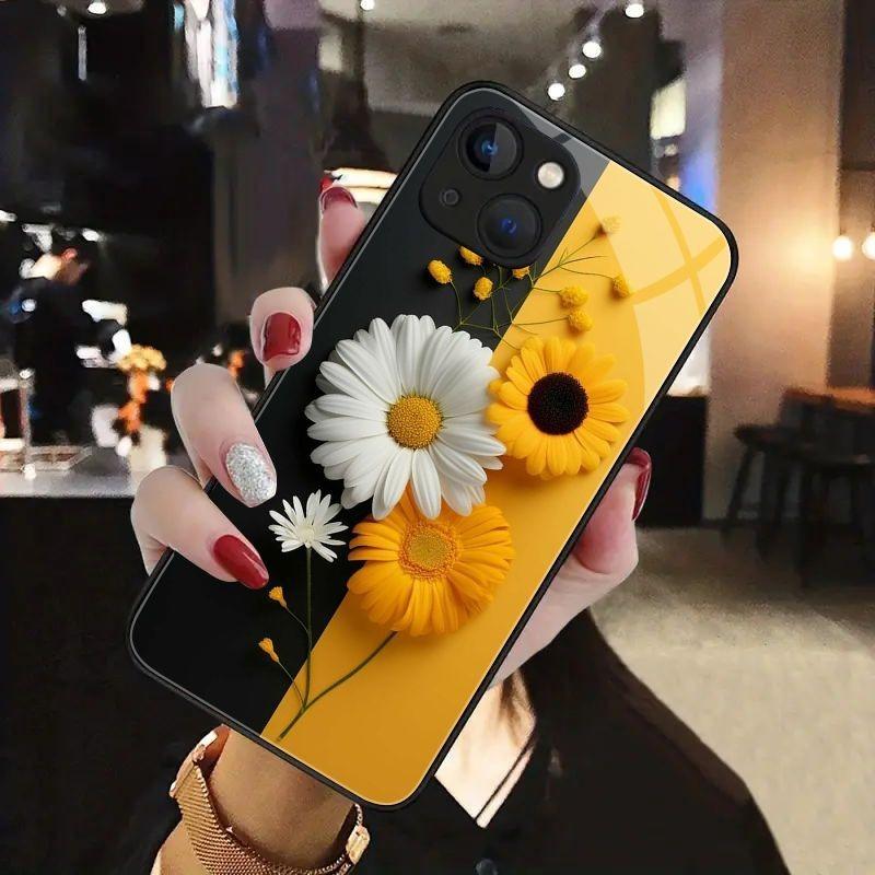 Cute Sunflower Pattern Tempered Glass Phone Case For iPhone 17 16 15 14 13 12 11 Pro Max 17Air 16E 7 8 Plus XR XS X Cover